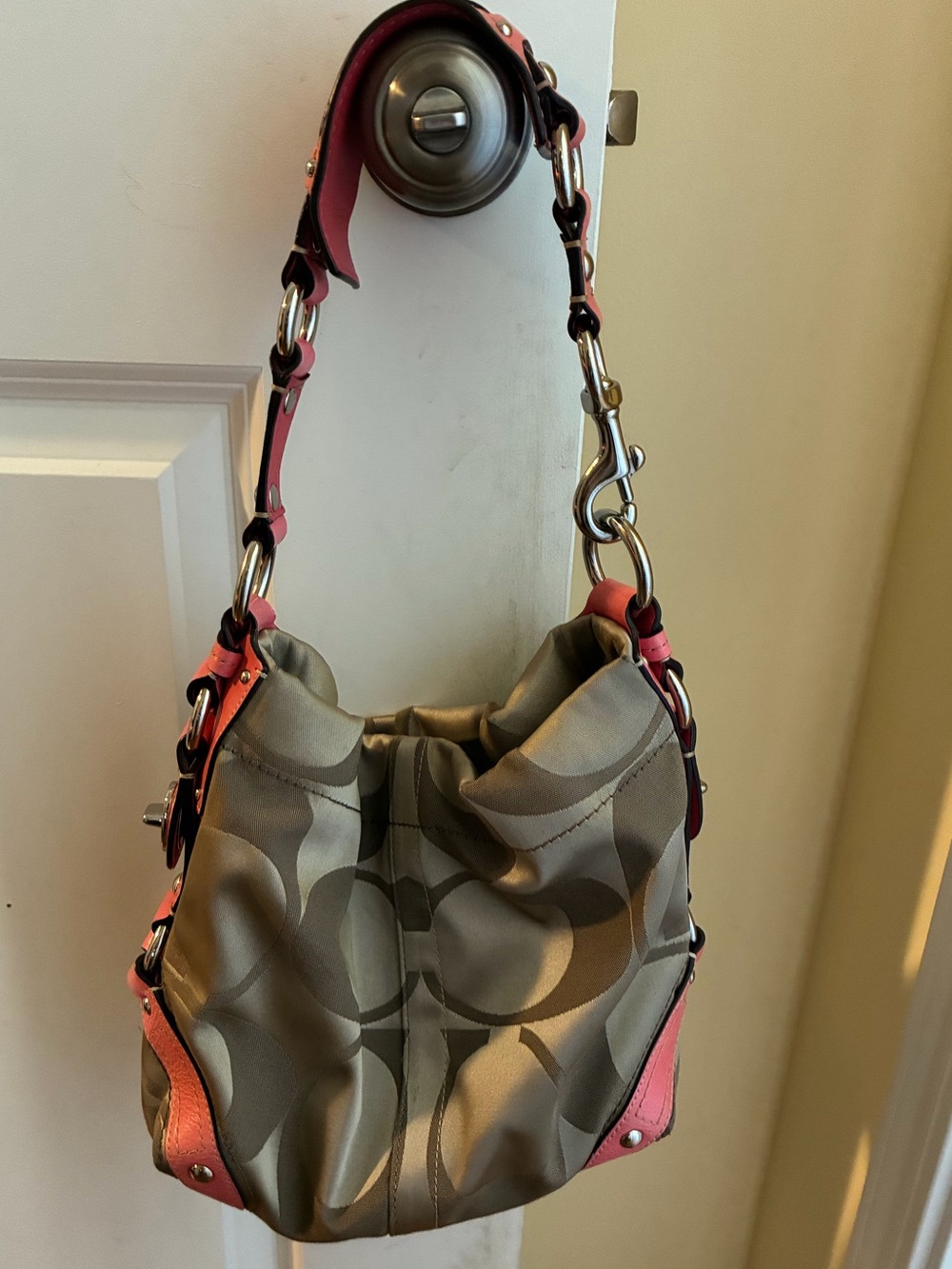 Coach Khaki Canvas Shoulder Bag with Pink Leather Trim